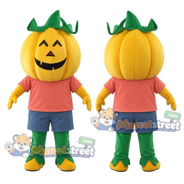 Orange Pumpkin Mascot Costume with Coral Shirt and Blue Shorts