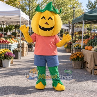 Orange Pumpkin Mascot Costume with Coral Shirt and Blue Shorts Orange Pumpkin Mascot Costume with Coral Shirt and Blue Shorts