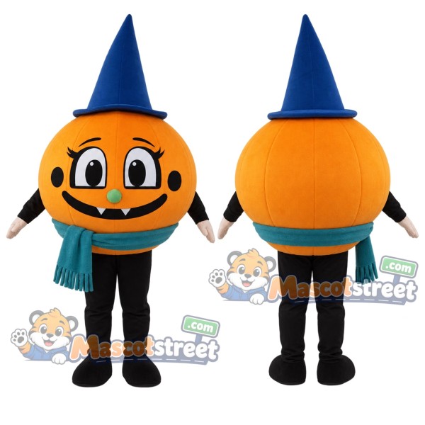 Pumpkin Wizard Mascot Costume with Blue Pointed Hat and Teal Scarf