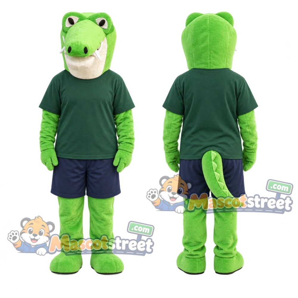 Green Alligator Mascot Costume with Green Shirt and Navy Shorts