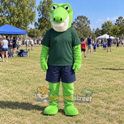 Green Alligator Mascot Costume with Green Shirt and Navy Shorts Green Alligator Mascot Costume with Green Shirt and Navy Shorts