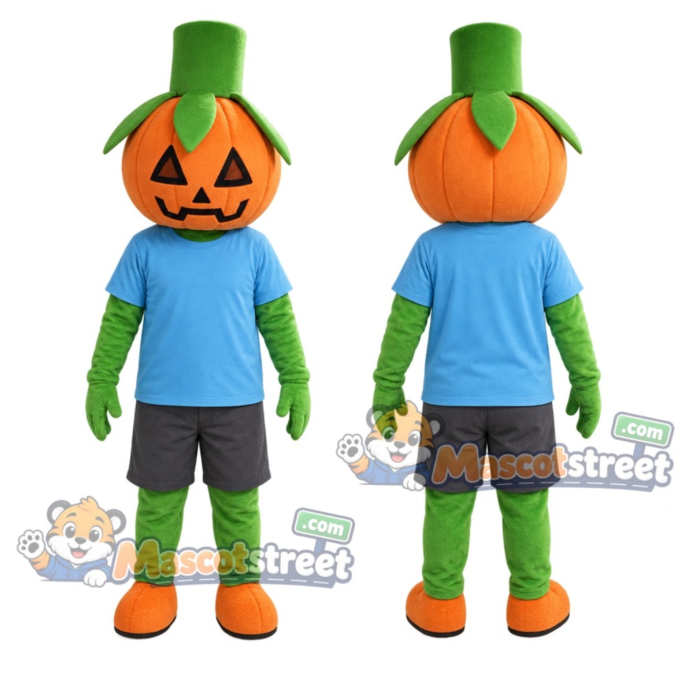 Orange Pumpkin Mascot Costume with Blue Shirt, Gray Shorts and Green Top Hat