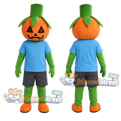 Orange Pumpkin Mascot Costume with Blue Shirt, Gray Shorts and Green Top Hat
