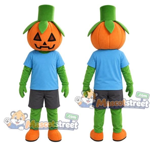 Orange Pumpkin Mascot Costume with Blue Shirt, Gray Shorts and Green Top Hat