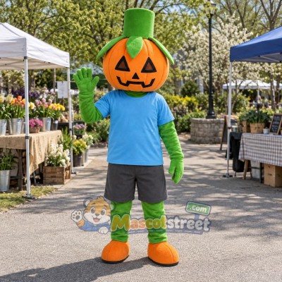 Orange Pumpkin Mascot Costume with Blue Shirt, Gray Shorts and Green Top Hat Orange Pumpkin Mascot Costume with Blue Shirt, Gray Shorts and Green Top Hat