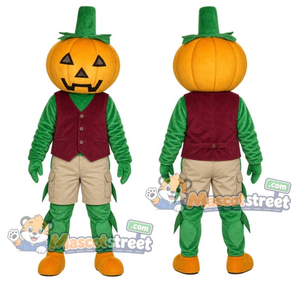 Orange Pumpkin Mascot Costume with Burgundy Vest, Beige Shorts and Green Top Hat