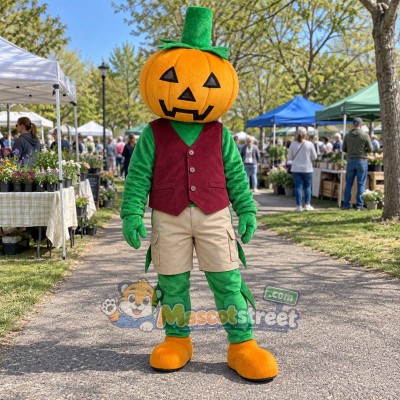 Orange Pumpkin Mascot Costume with Burgundy Vest, Beige Shorts and Green Top Hat Orange Pumpkin Mascot Costume with Burgundy Vest, Beige Shorts and Green Top Hat