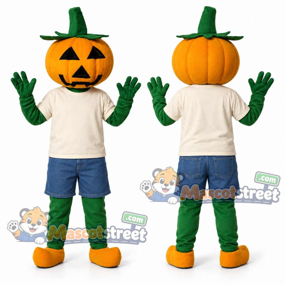 Orange Pumpkin Mascot Costume with Cream Shirt and Blue Shorts