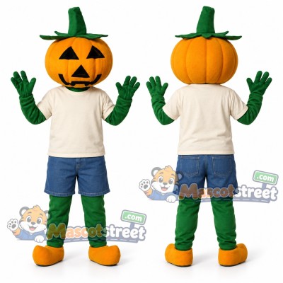 Orange Pumpkin Mascot Costume with Cream Shirt and Blue Shorts