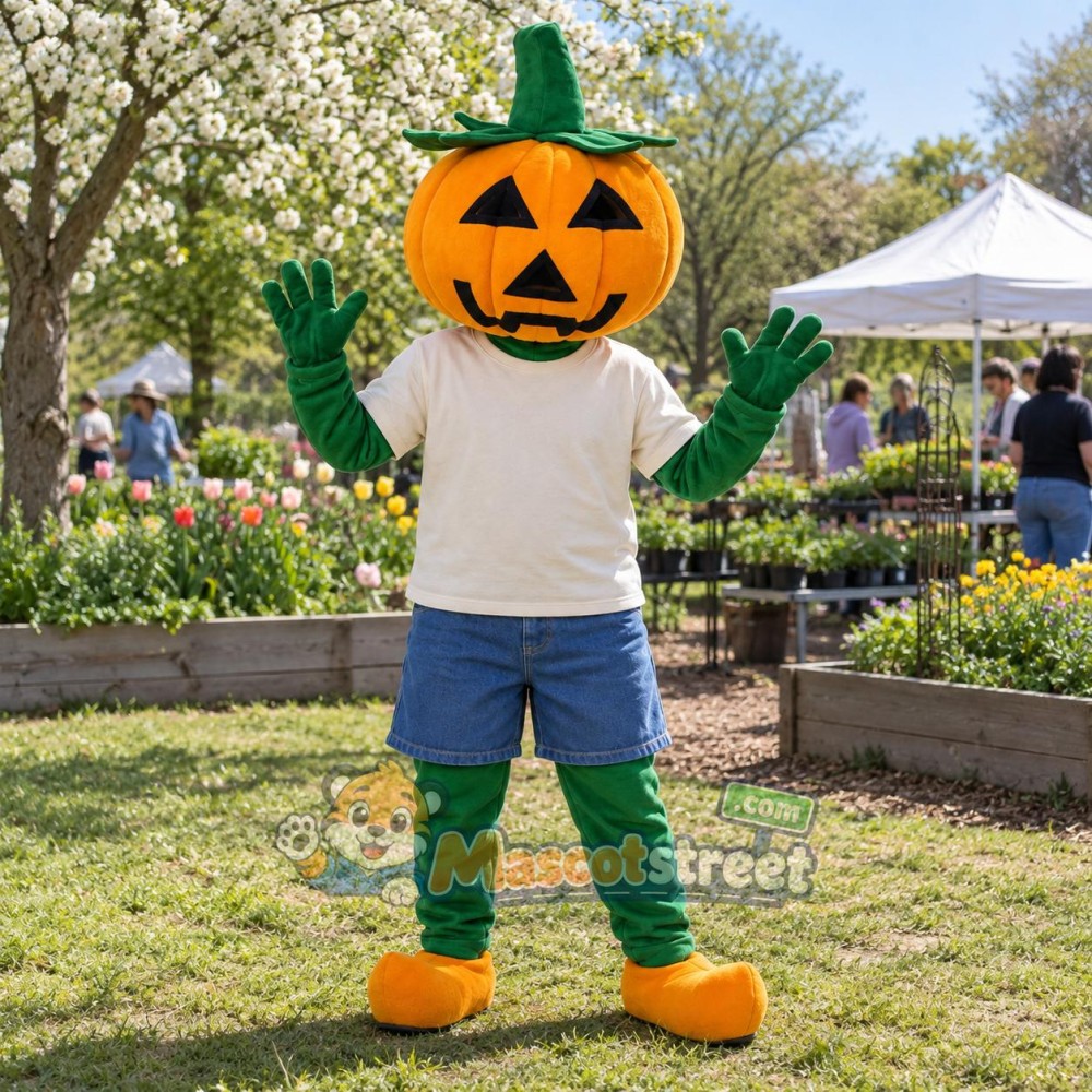 Orange Pumpkin Mascot Costume with Cream Shirt and Blue Shorts Orange Pumpkin Mascot Costume with Cream Shirt and Blue Shorts
