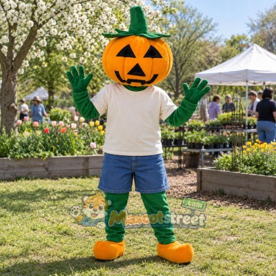 Orange Pumpkin Mascot Costume with Cream Shirt and Blue Shorts Orange Pumpkin Mascot Costume with Cream Shirt and Blue Shorts