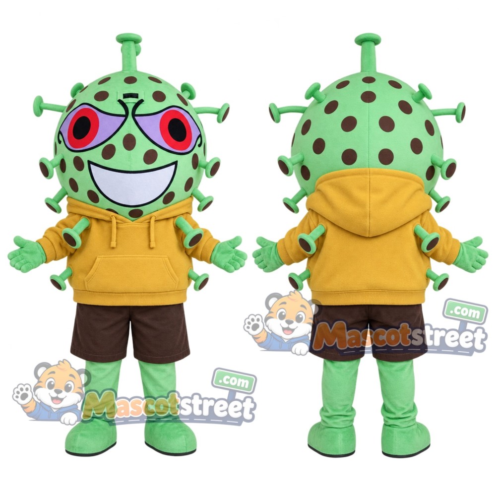 Green Germ Monster Mascot Costume with Yellow Hoodie and Brown Shorts Green Germ Monster Mascot Costume with Yellow Hoodie and Brown Shorts
