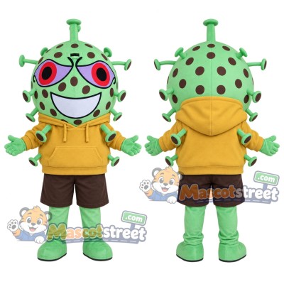 Green Germ Monster Mascot Costume with Yellow Hoodie and Brown Shorts Green Germ Monster Mascot Costume with Yellow Hoodie and Brown Shorts