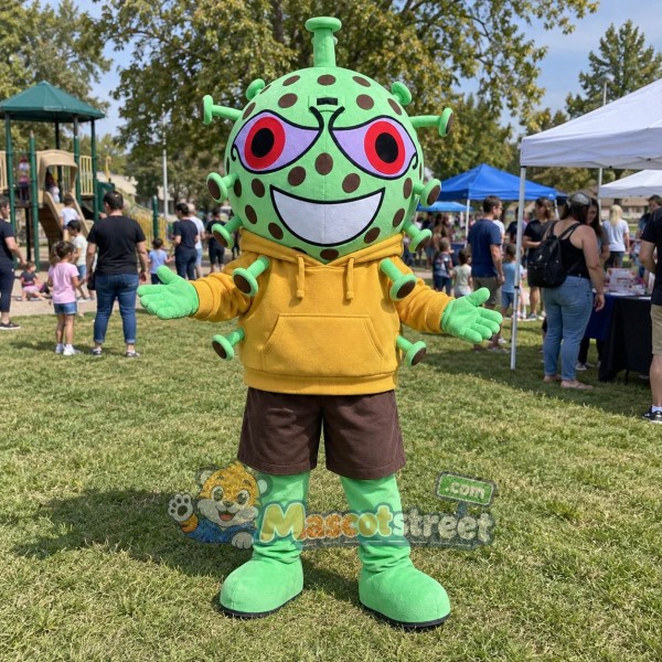 Green Germ Monster Mascot Costume with Yellow Hoodie and Brown Shorts Green Germ Monster Mascot Costume with Yellow Hoodie and Brown Shorts