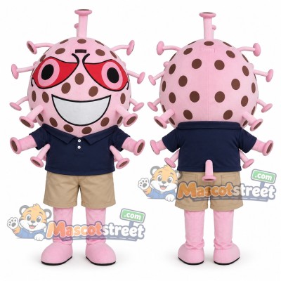 Pink Germ Monster Mascot Costume with Navy Polo Shirt and Beige Shorts Pink Germ Monster Mascot Costume with Navy Polo Shirt and Beige Shorts