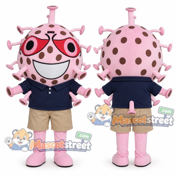 Pink Germ Monster Mascot Costume with Navy Polo Shirt and Beige Shorts