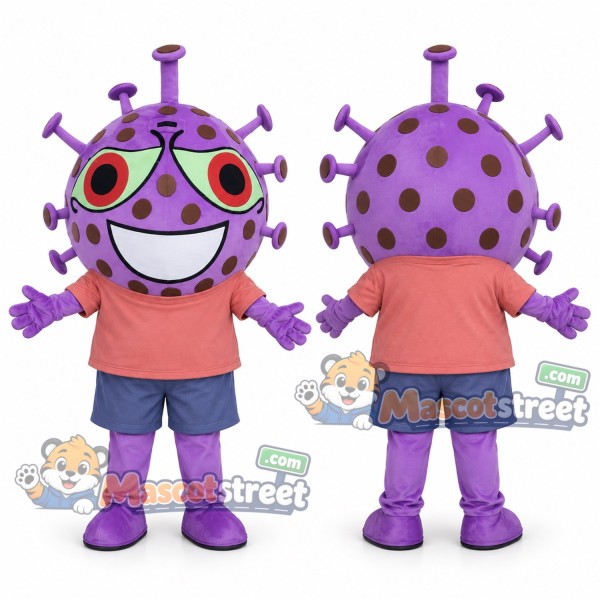 Purple Germ Monster Mascot Costume with Coral Shirt and Blue Shorts