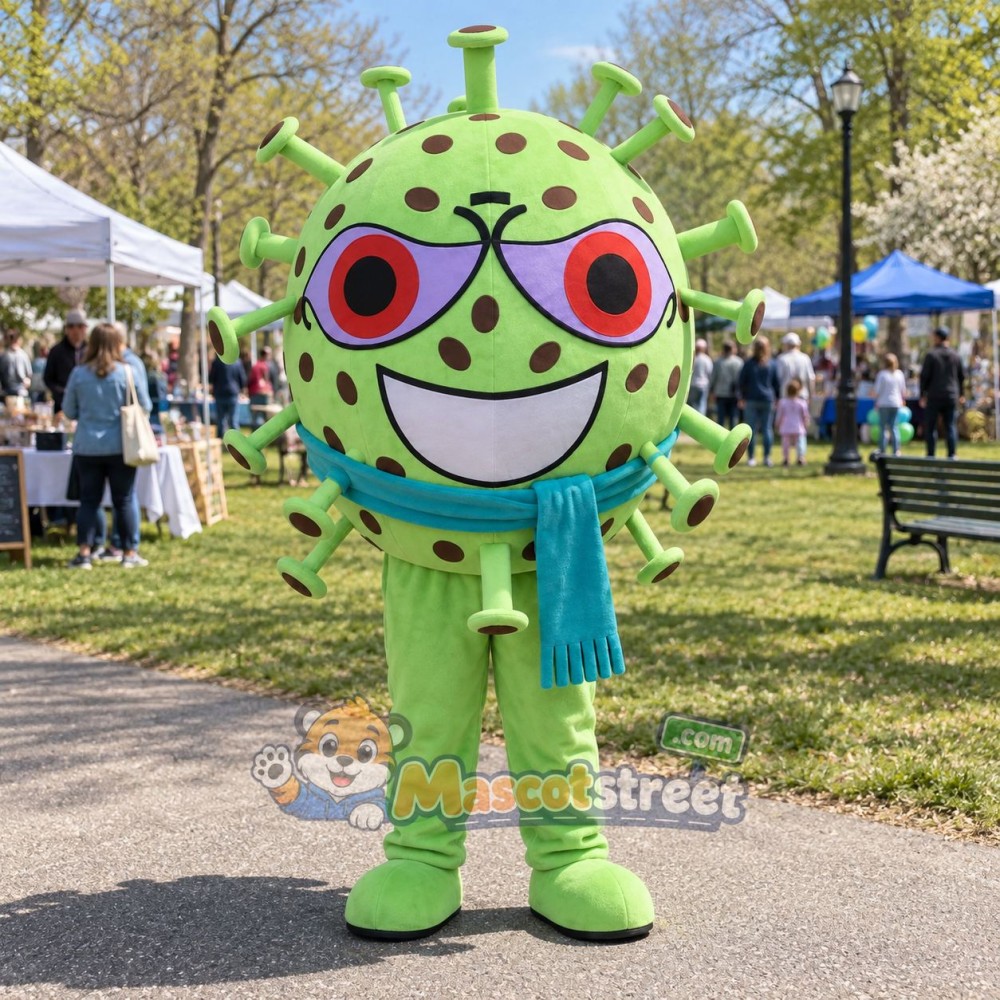 Green Germ Monster Mascot Costume with Teal Scarf