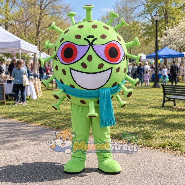 Green Germ Monster Mascot Costume with Teal Scarf Green Germ Monster Mascot Costume with Teal Scarf