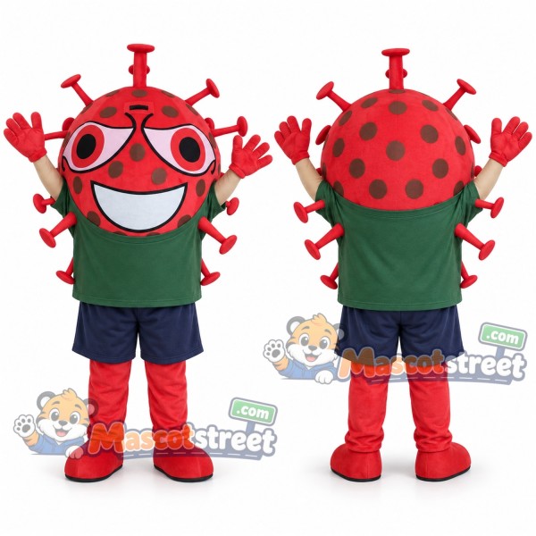 Red Germ Monster Mascot Costume with Green Shirt and Navy Shorts