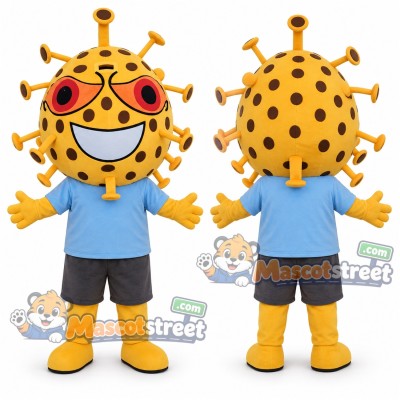 Yellow Germ Monster Mascot Costume with Blue Shirt and Gray Shorts
