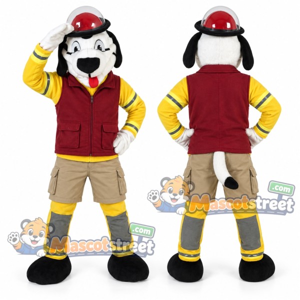 Firefighter Dog Mascot Costume with Burgundy Vest, Yellow Sleeves, Beige Shorts and Red Helmet