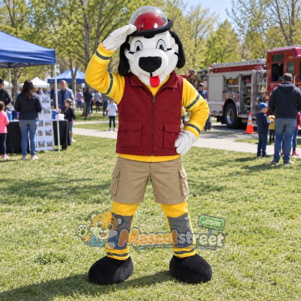 Firefighter Dog Mascot Costume with Burgundy Vest, Yellow Sleeves, Beige Shorts and Red Helmet