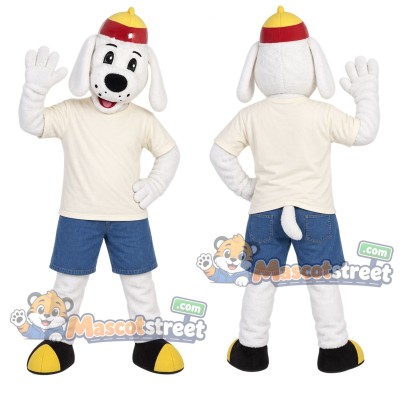 White Firefighter Dog Mascot Costume with Cream Shirt, Blue Shorts and Red Helmet White Firefighter Dog Mascot Costume with Cream Shirt, Blue Shorts and Red Helmet