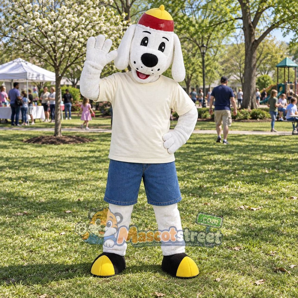 White Firefighter Dog Mascot Costume with Cream Shirt, Blue Shorts and Red Helmet White Firefighter Dog Mascot Costume with Cream Shirt, Blue Shorts and Red Helmet