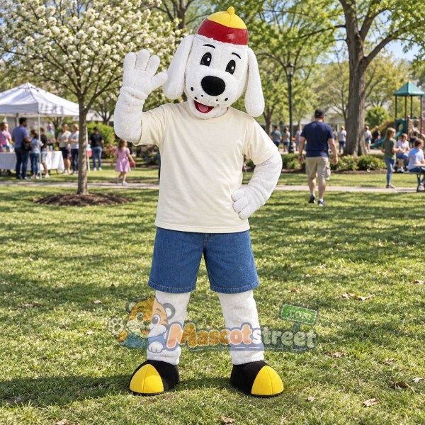 White Firefighter Dog Mascot Costume with Cream Shirt, Blue Shorts and Red Helmet