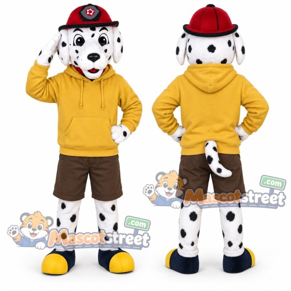 Dalmatian Firefighter Dog Mascot Costume with Yellow Hoodie, Brown Shorts and Red Helmet