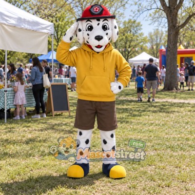 Dalmatian Firefighter Dog Mascot Costume with Yellow Hoodie, Brown Shorts and Red Helmet Dalmatian Firefighter Dog Mascot Costume with Yellow Hoodie, Brown Shorts and Red Helmet