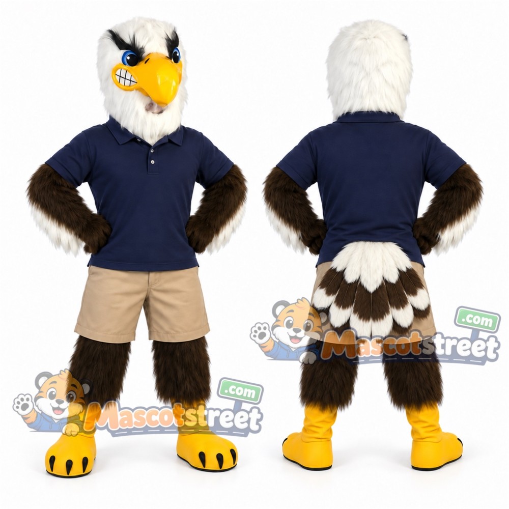 Bald Eagle Mascot Costume with Navy Polo Shirt and Beige Shorts