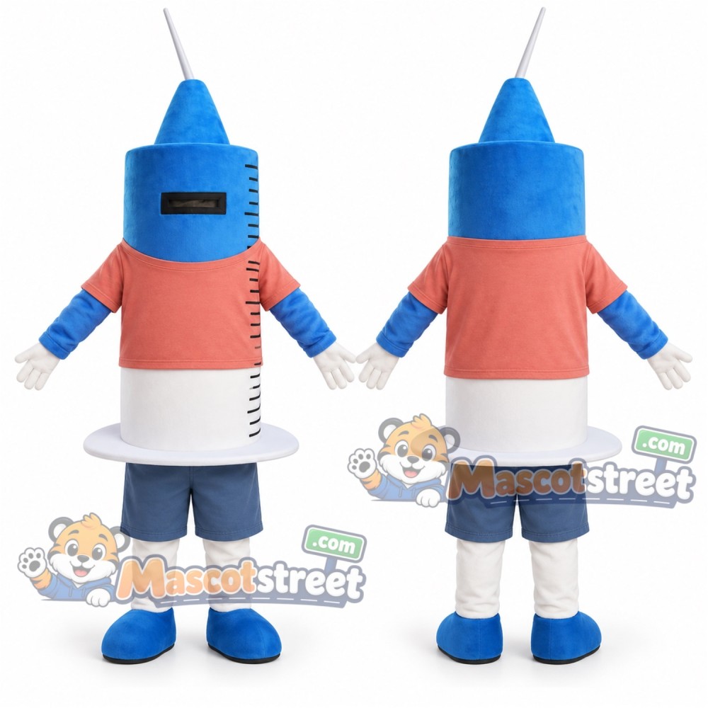 Blue Syringe Mascot Costume with Coral Shirt and Blue Shorts Blue Syringe Mascot Costume with Coral Shirt and Blue Shorts