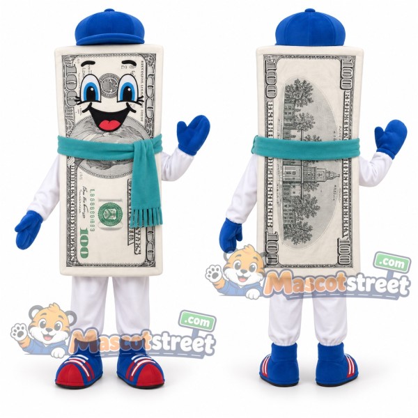 Dollar Bill Character Mascot Costume with Blue Cap and Teal Scarf