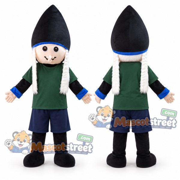 Witch Mascot Costume with Green Shirt, Navy Shorts and Black Pointed Hat