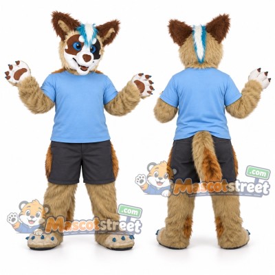 Brown White and Blue Canine Mascot Costume with Blue Shirt and Gray Shorts