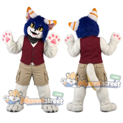 Blue and White Cat Mascot Costume with Burgundy Vest, Beige Shorts and Orange Party Hat