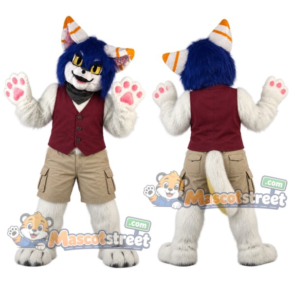 Blue and White Cat Mascot Costume with Burgundy Vest, Beige Shorts and Orange Party Hat