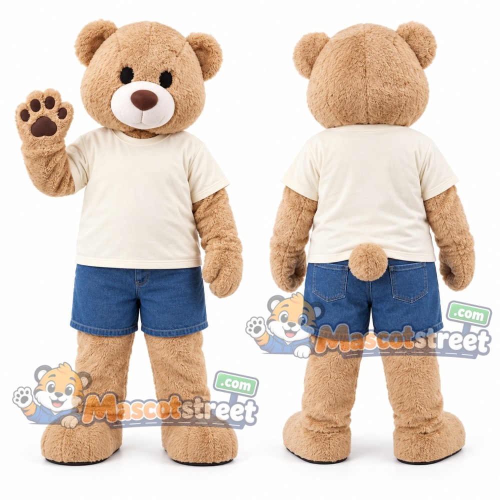Tan Bear Mascot Costume with Cream Shirt and Blue Shorts Tan Bear Mascot Costume with Cream Shirt and Blue Shorts
