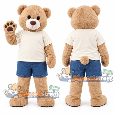 Tan Bear Mascot Costume with Cream Shirt and Blue Shorts Tan Bear Mascot Costume with Cream Shirt and Blue Shorts