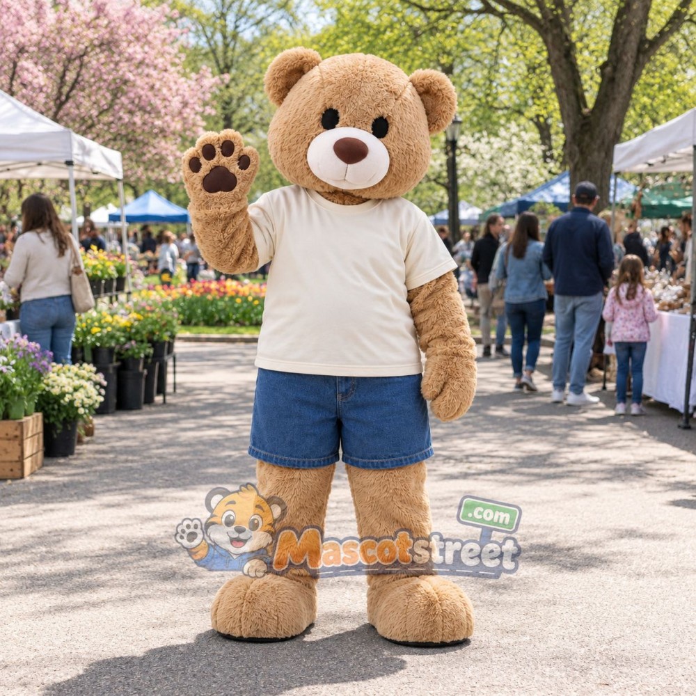 Tan Bear Mascot Costume with Cream Shirt and Blue Shorts