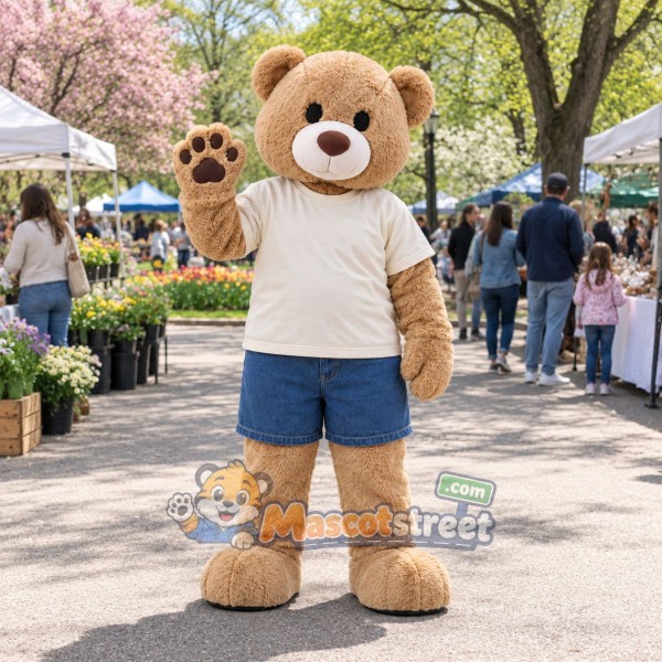 Tan Bear Mascot Costume with Cream Shirt and Blue Shorts