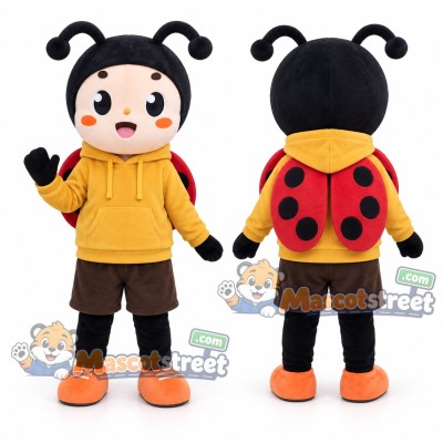 Red Ladybug Mascot Costume with Yellow Hoodie and Brown Shorts Red Ladybug Mascot Costume with Yellow Hoodie and Brown Shorts