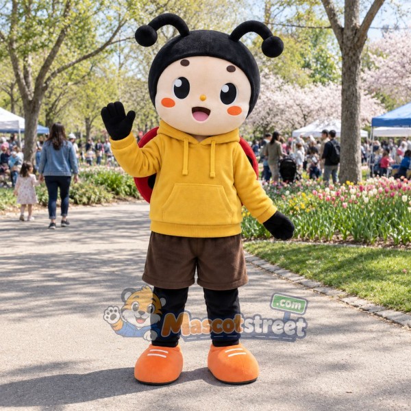 Red Ladybug Mascot Costume with Yellow Hoodie and Brown Shorts