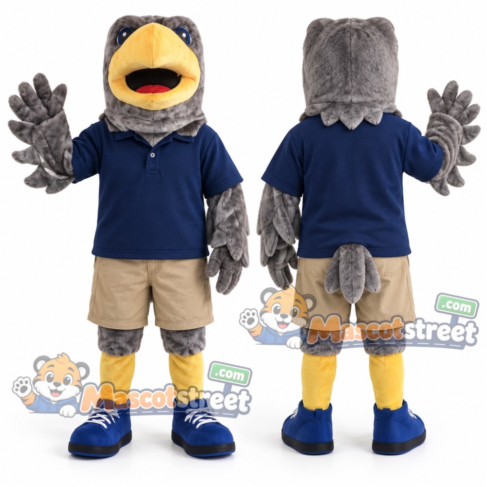 Gray Eagle Mascot Costume with Navy Polo Shirt and Beige Shorts