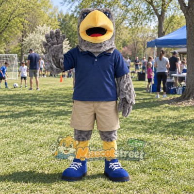 Gray Eagle Mascot Costume with Navy Polo Shirt and Beige Shorts Gray Eagle Mascot Costume with Navy Polo Shirt and Beige Shorts