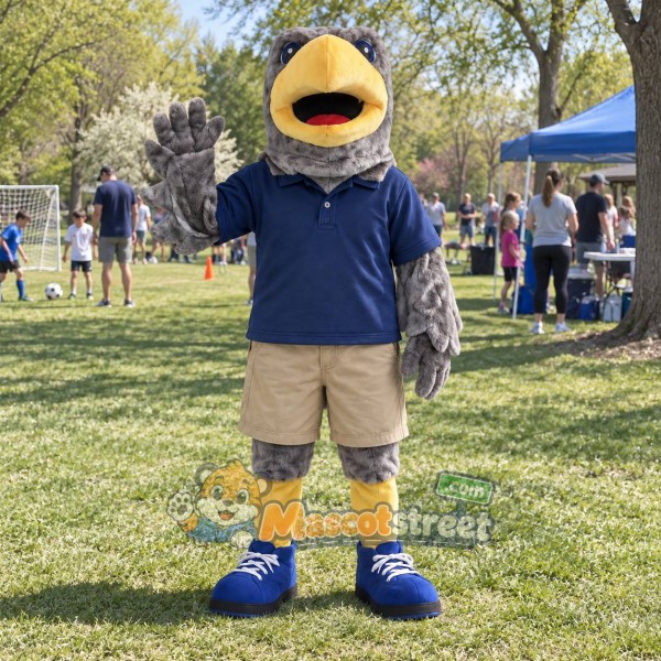 Gray Eagle Mascot Costume with Navy Polo Shirt and Beige Shorts
