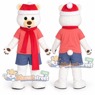 White Polar Bear Mascot Costume with Coral Shirt, Blue Shorts, Red Scarf and Santa Hat