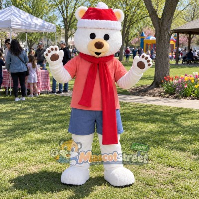 White Polar Bear Mascot Costume with Coral Shirt, Blue Shorts, Red Scarf and Santa Hat White Polar Bear Mascot Costume with Coral Shirt, Blue Shorts, Red Scarf and Santa Hat